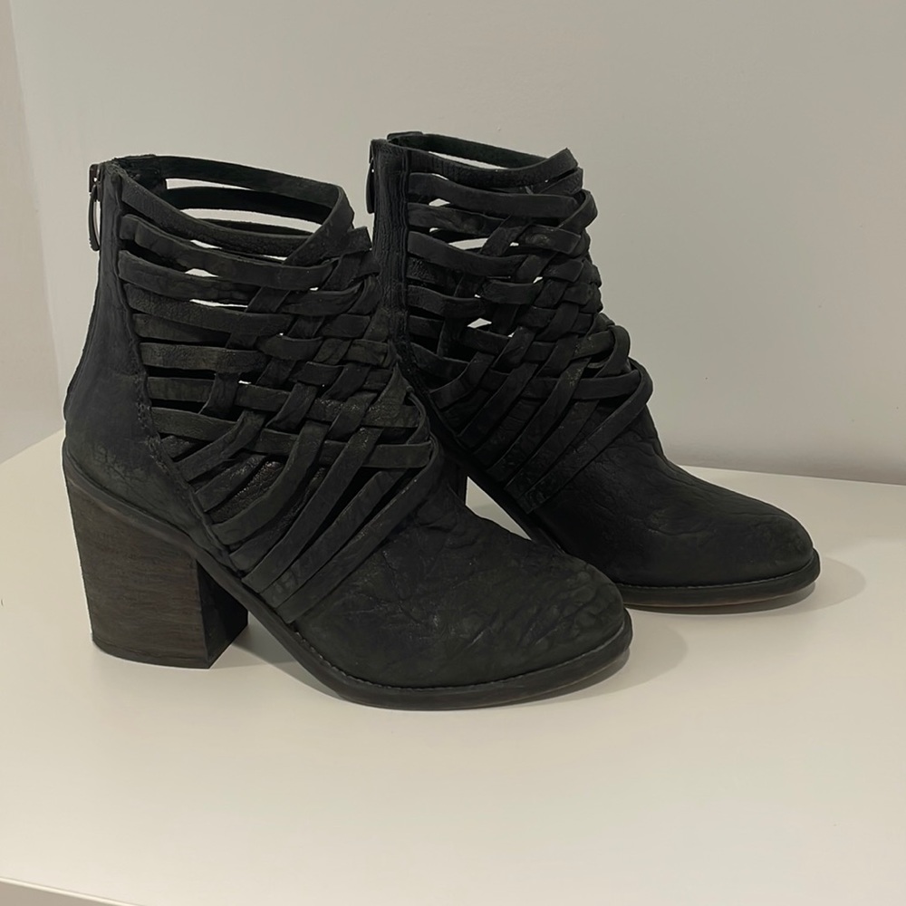 Free people distressed caged angle booties